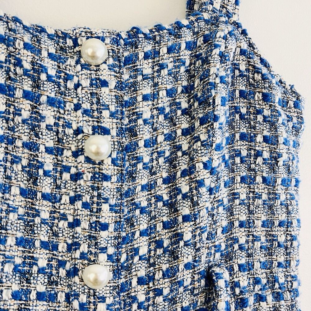 Jealous Tomato Blue & White Tweed Cropped Wide Leg Jumpsuit Sleeveless EUC Sz SM - Picture 7 of 16